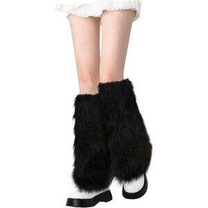 Faux Fur Fuzzy Leg Warmers Furry Boot Covers Black